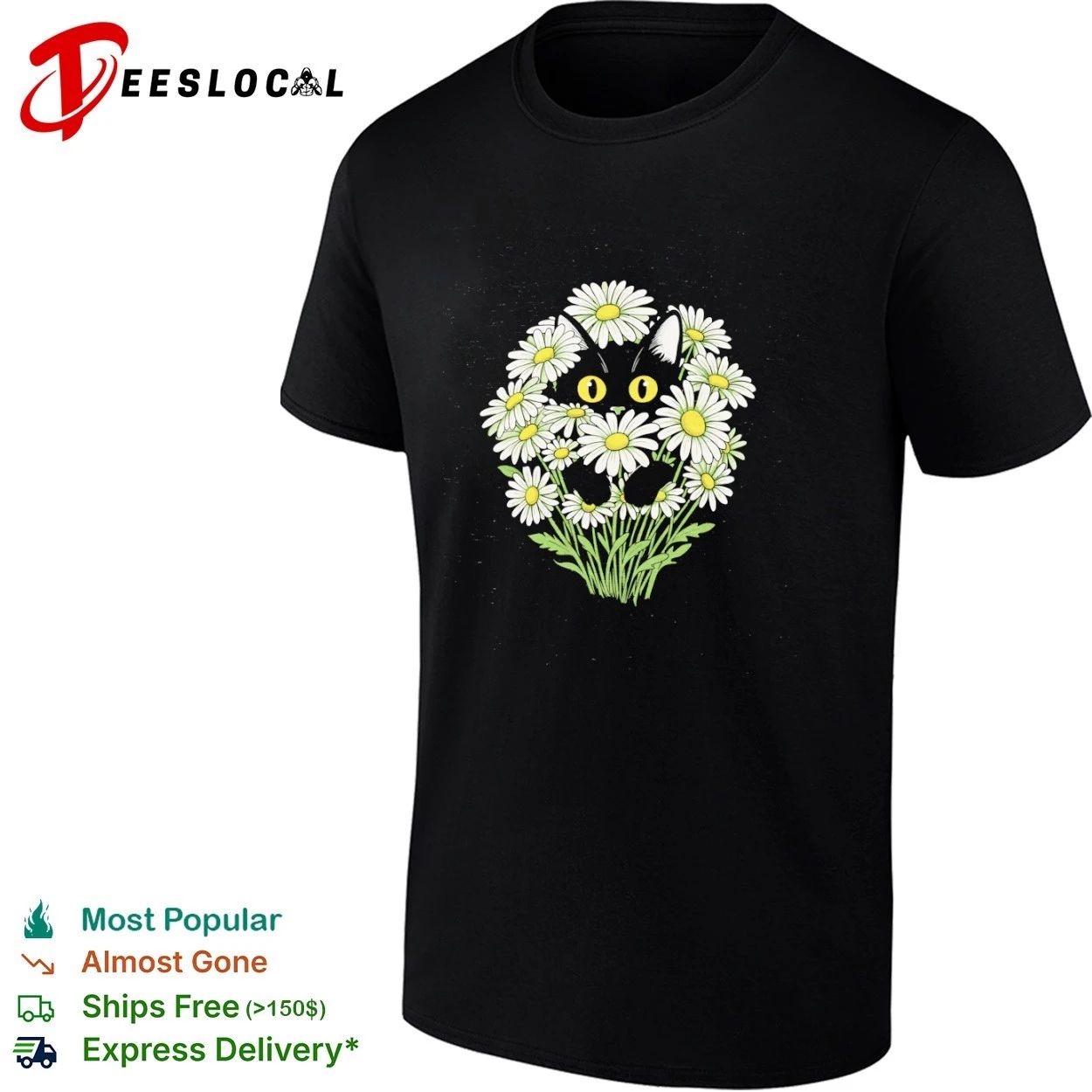 Black Cat in Daisies daisy flowers cute kitten T-shirt