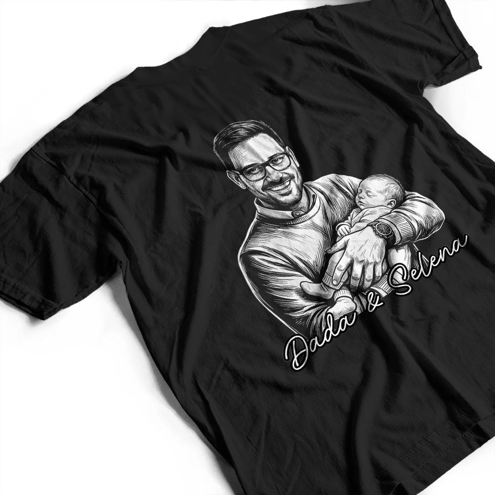 Custom Photo Pencil Sketch Papa Baby New Dad Matching Shirt - Personalized T Shirt