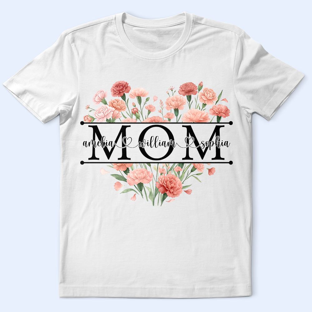 Mom Grandma Birth Flower Heart - Personalized T Shirt
