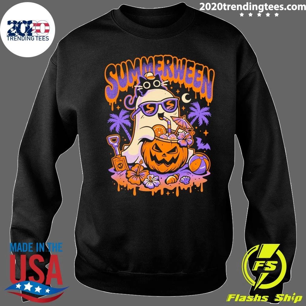 Spooky Summerween Ghost and Cat Beach Day Shirt