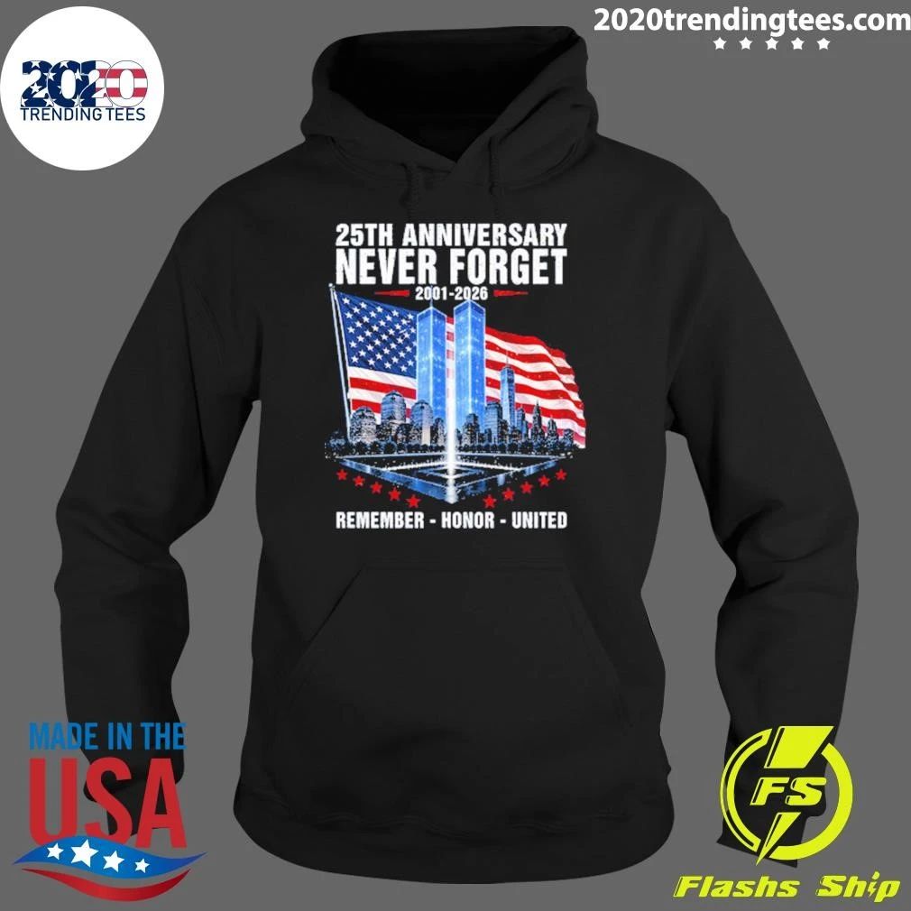 9-11 Memorial 25th Anniversary Never Forget 2001-2026 Twin Towers Tribute Lights American Flag Patriotic Tee Shirt