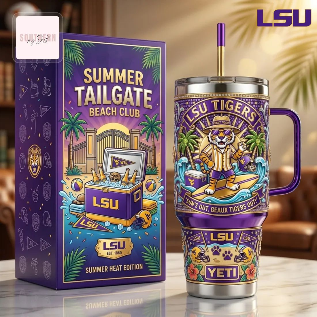 LSU Tigers Summer Tailgate Beach Club Purple and Gold Insulated 40oz Tumbler with Handle