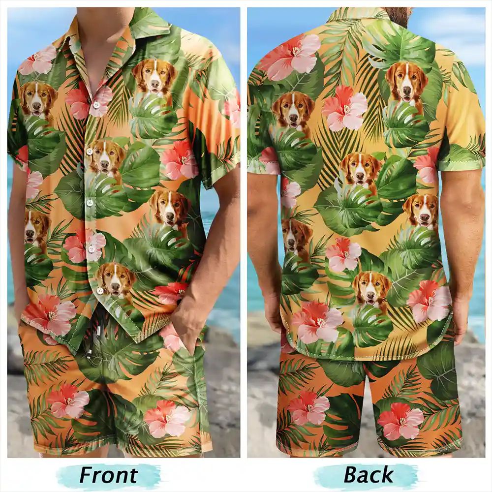 Custom Photo Tropical Leaves Pattern With Family Pet Face - Personalized Hawaii Set Shirt And Shorts