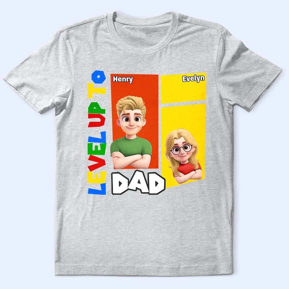 Level Up To Dad Of Two Basic Color Arcade Theme - Personalized T Shirt