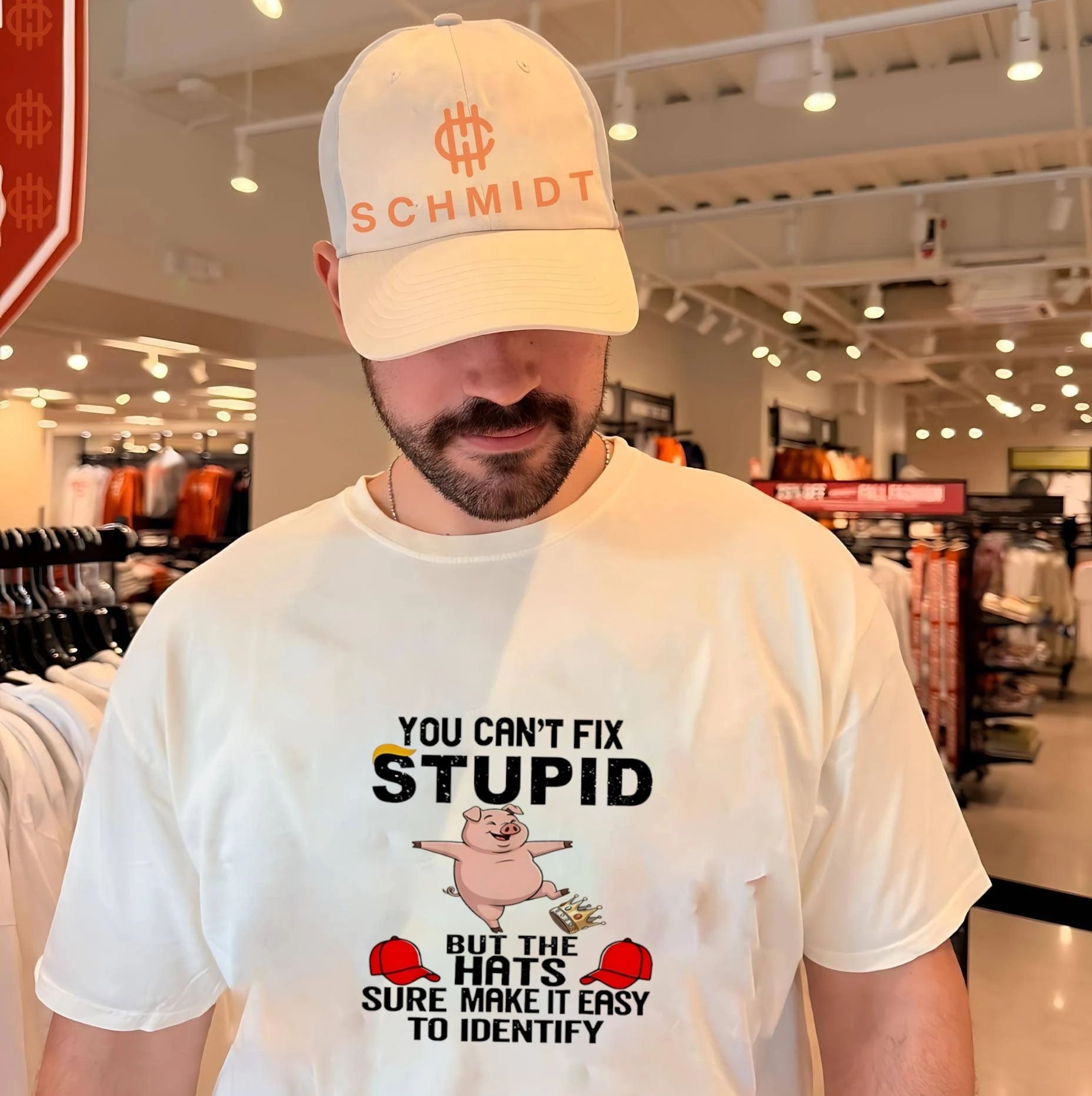 You can’t fix stupid but the hats sure make it easy to identify cartoon pig shirt