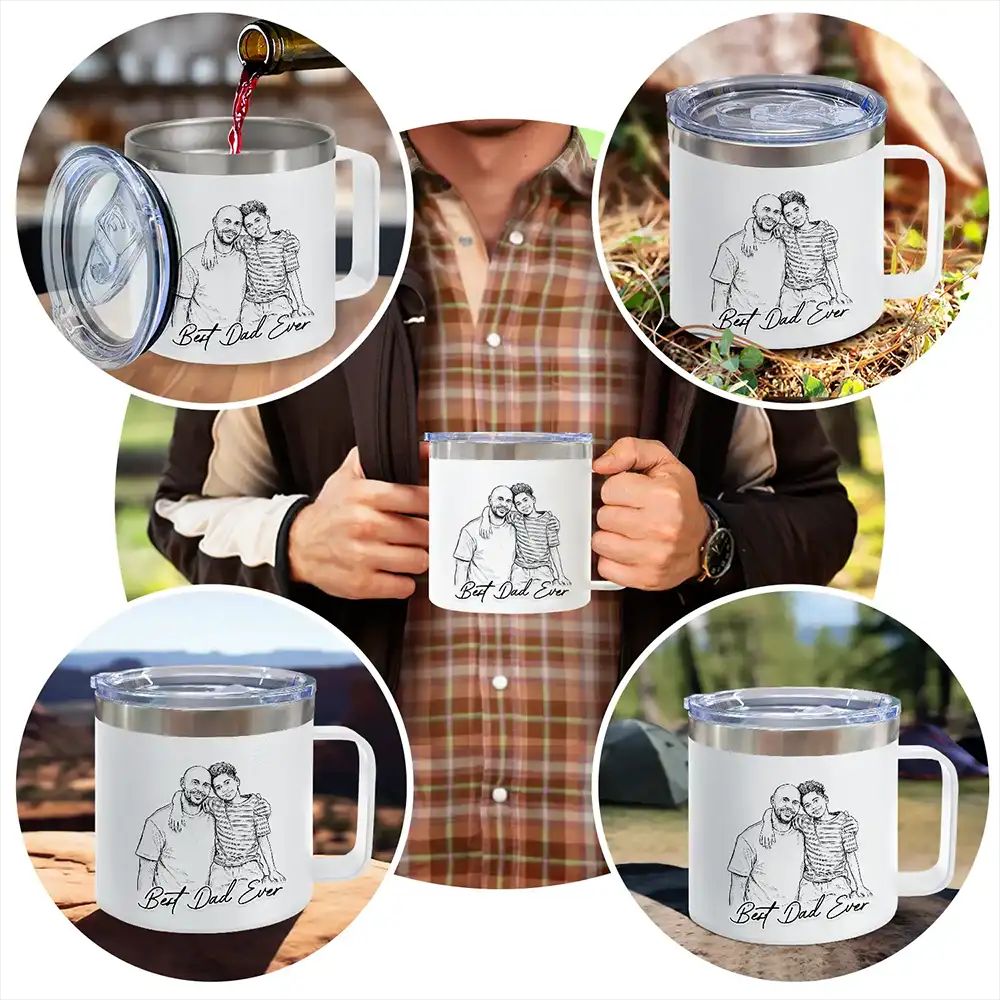 Custom Photo Bold Sketch Best Dad Grandpa Ever Family Portrait - Personalized 14oz Stainless Steel Tumbler With Handle