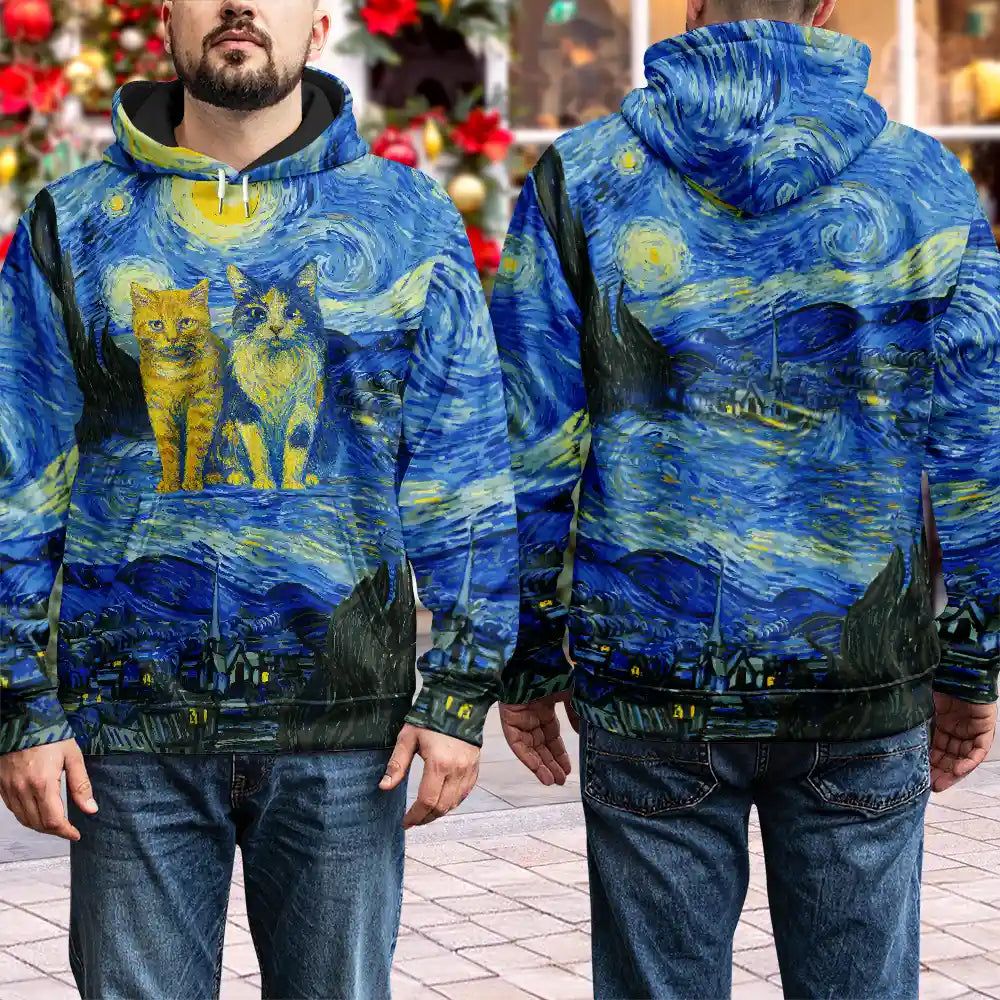 Custom Photo Family Pet Portrait Art Style Starry Night Painting Effect - Personalized Pullover Hoodie
