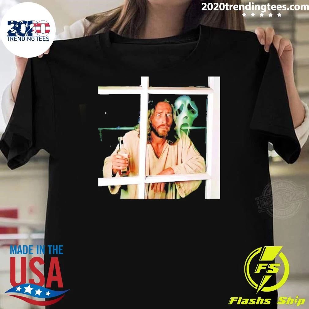 Jesus Drinking Whiskey With Ghostface Killer Funny Shirt