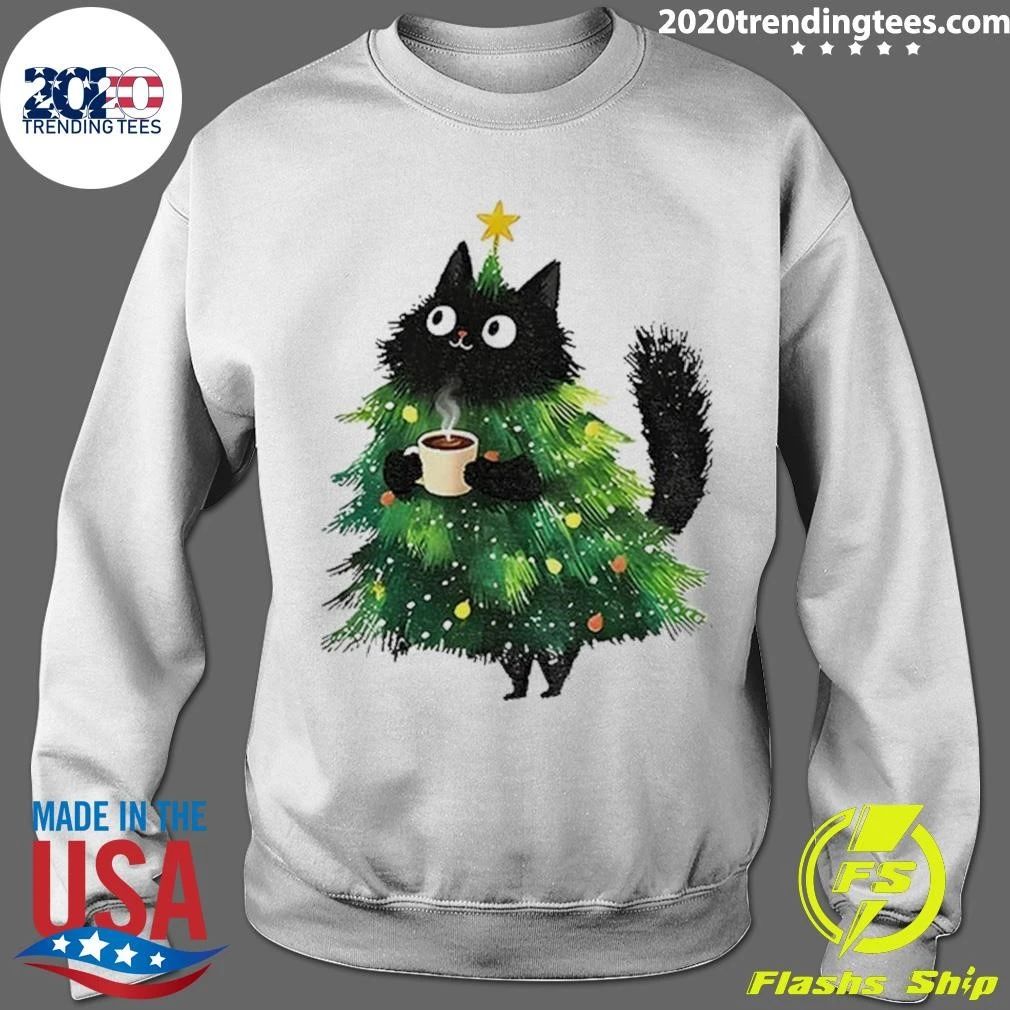 Black Cat Christmas Tree Holding Hot Coffee Shirt