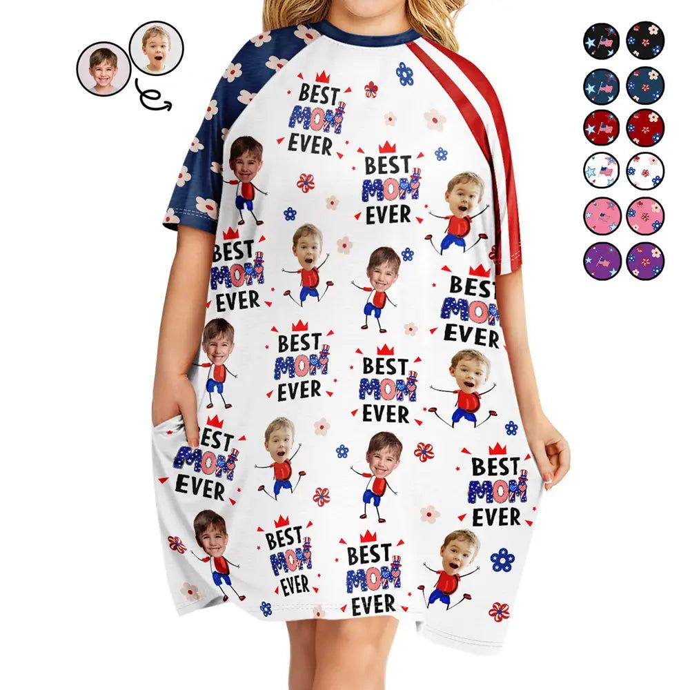 Custom Photo Stars & Stripes Best Mom Grandma Ever - Personalized Women's Sleep Tee