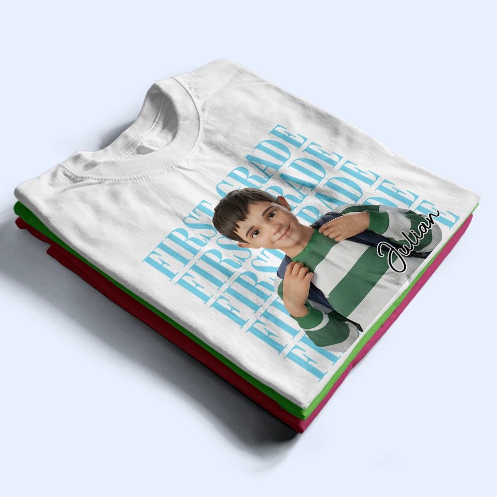 Custom Photo Cartoon Portrait Kid Ready For School Kindergarten First Grade - Personalized T Shirt