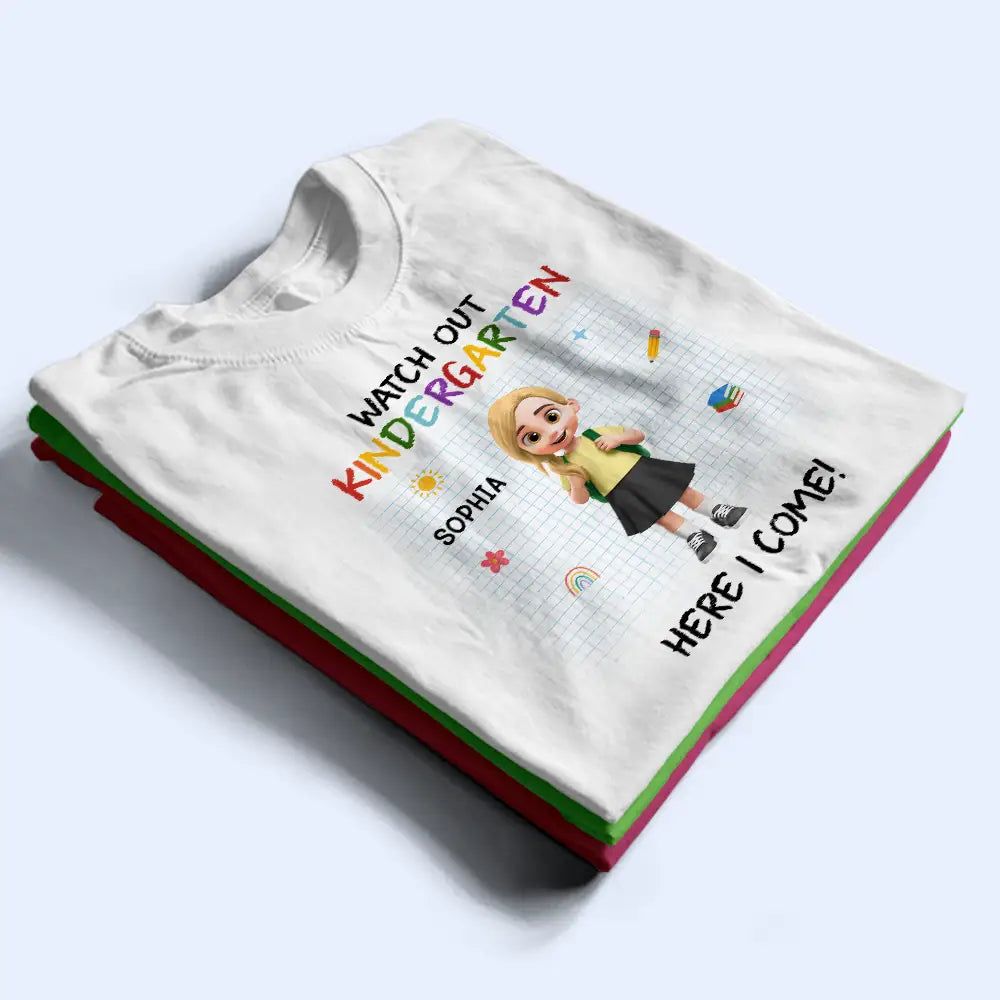 Watch Out Kindergarten Kid With Backpack - Personalized T Shirt