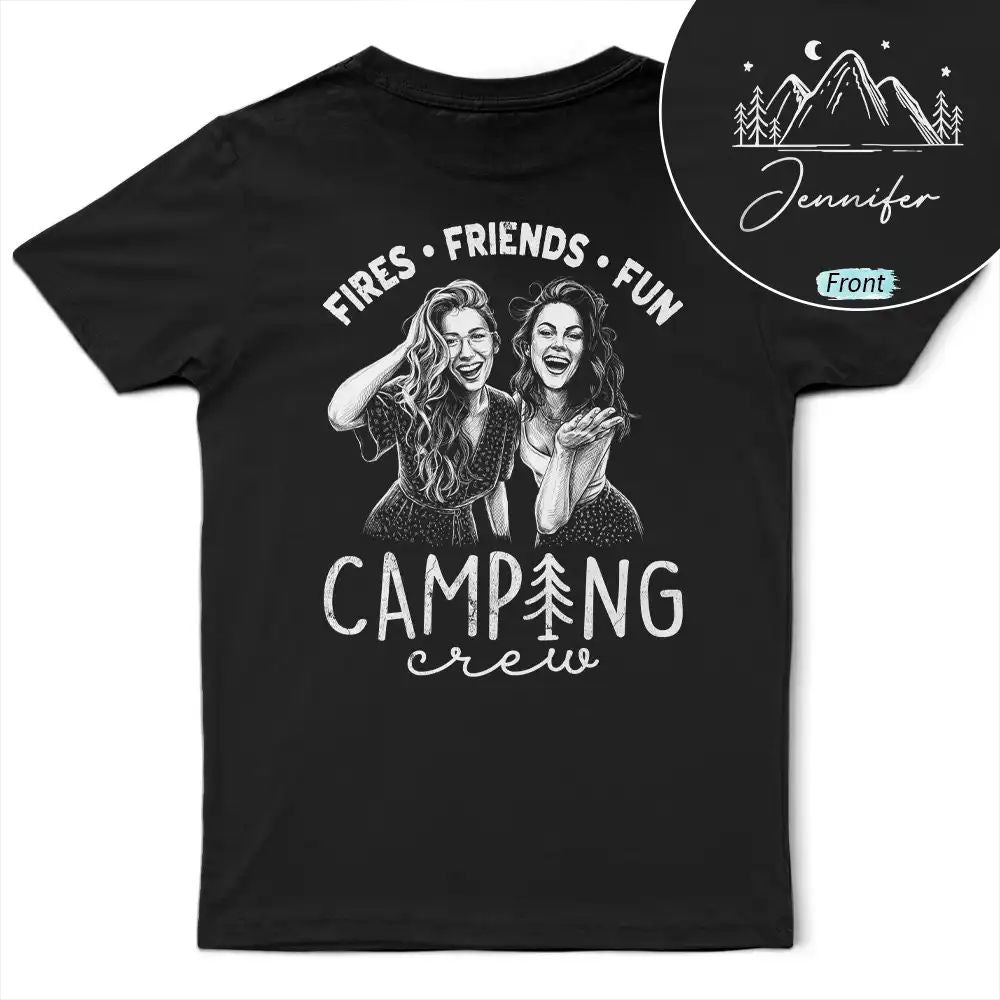 Custom Photo White Pencil Sketch Art Camping Crew Fires Friends Fun - Personalized T Shirt