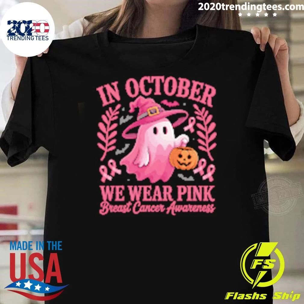 Halloween Ghost In October We Wear Pink Breast Cancer Awareness Shirt