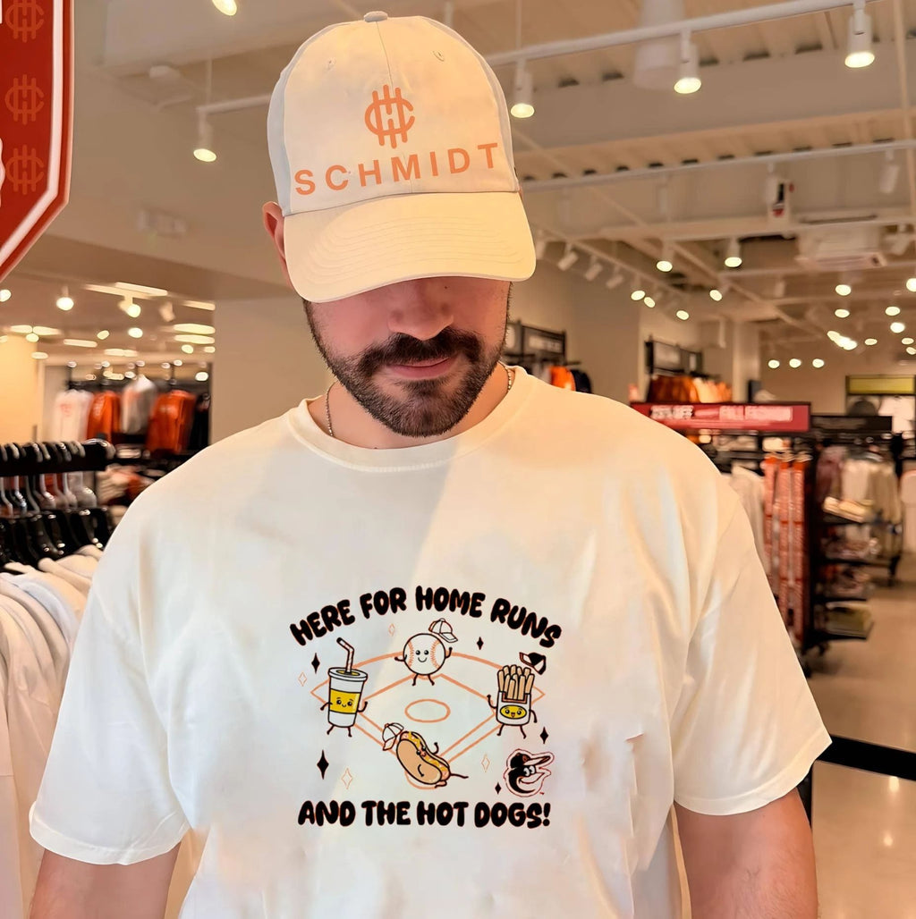 Baltimore Orioles Snack here for home runs and the hot dogs shirt