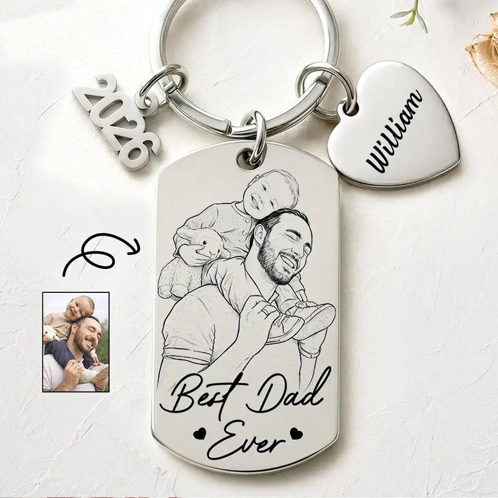 Custom Photo Bold Sketch Best Dad Grandpa Ever We Love You - Personalized Stainless Steel Keychain
