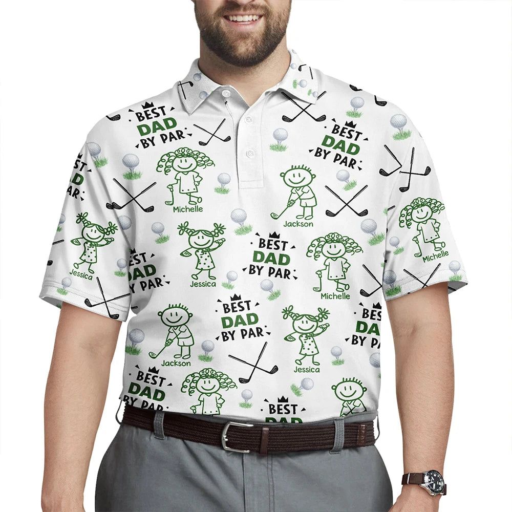 Golf Dad Best Dad By Par Kid Stick Figures - Personalized Polo Shirt
