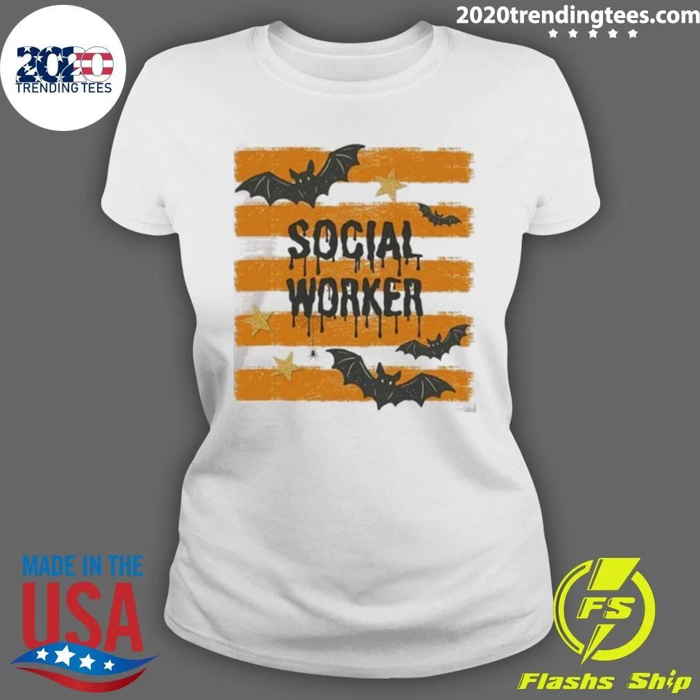Social Worker Halloween Striped Retro Bat Spooky Shirt