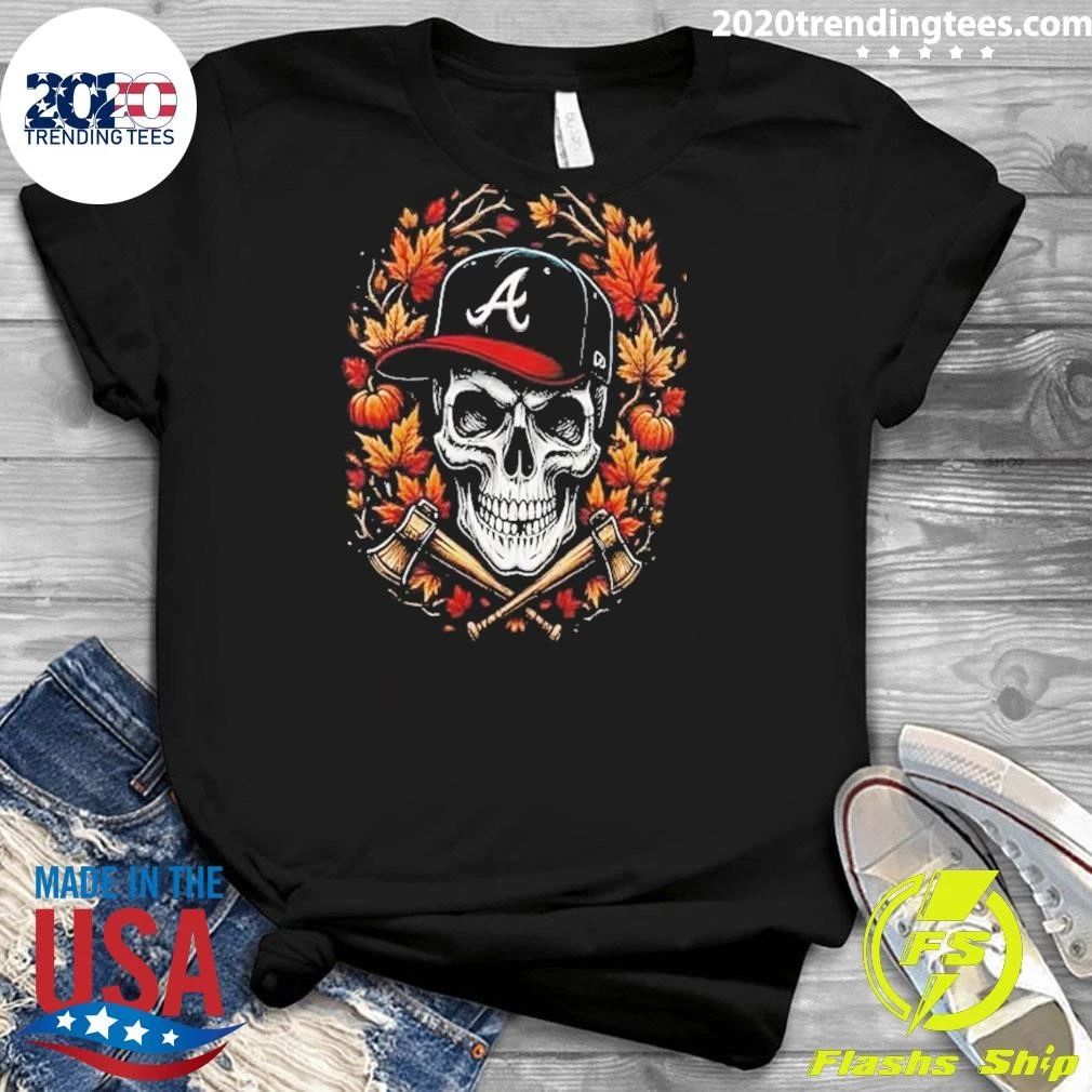 Atlanta Braves Maple Leaves Skull crossed Bats Baseballs Halloween Shirt