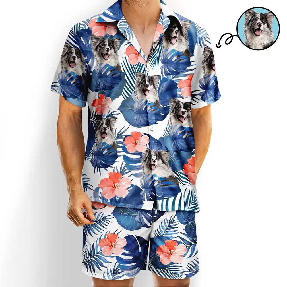 Custom Photo Tropical Leaves Pattern With Family Pet Face - Personalized Hawaii Set Shirt And Shorts