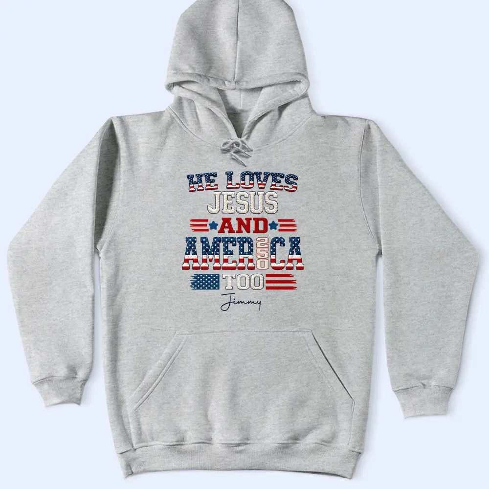 Stars And Stripes Faux Embroidery Effect Love Jesus And America - Personalized T Shirt