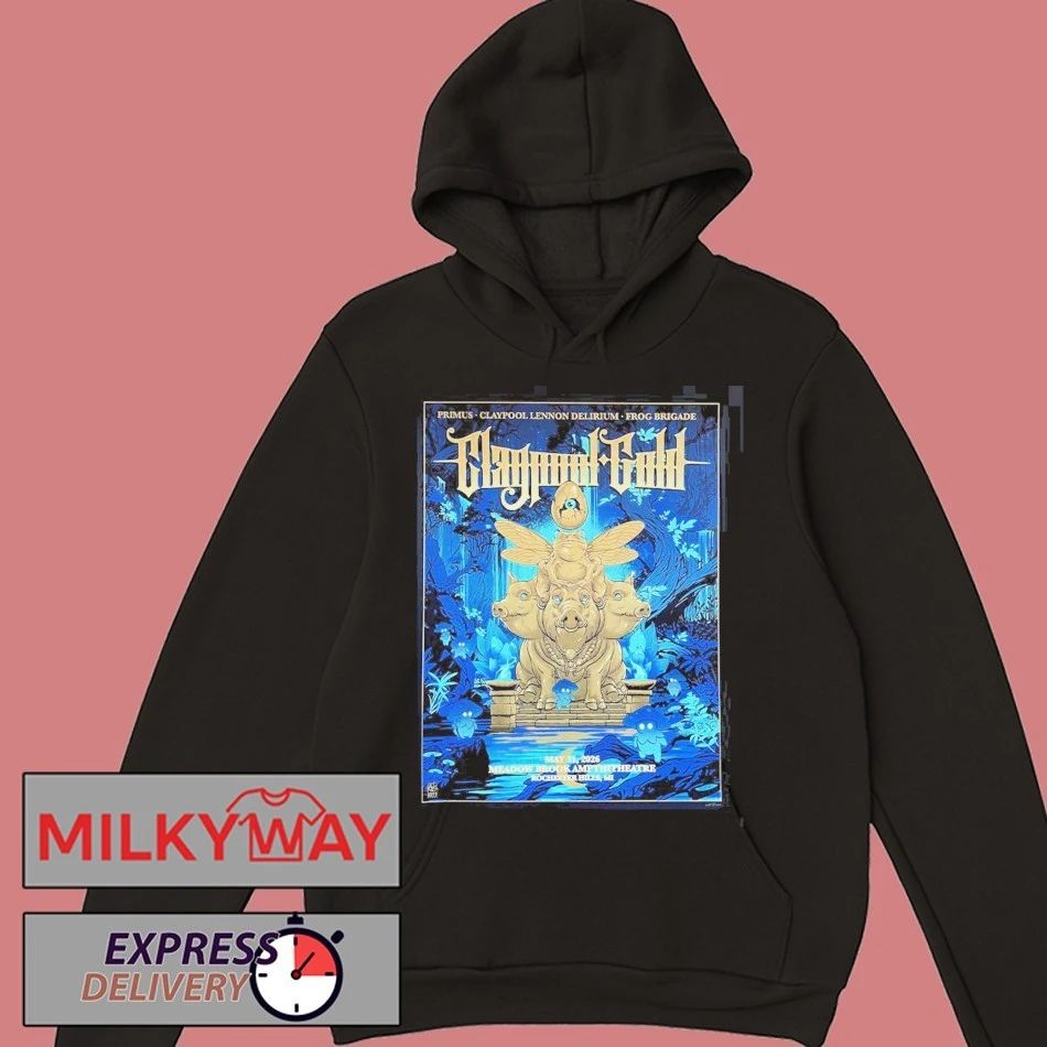 Claypool Gold Primus Claypool Lennon Delirium And Frog Brigade Rochester Hills Michigan 2026 Venue Poster At Meadow Brook Amphitheatre On May 31 2026 T-Shirt