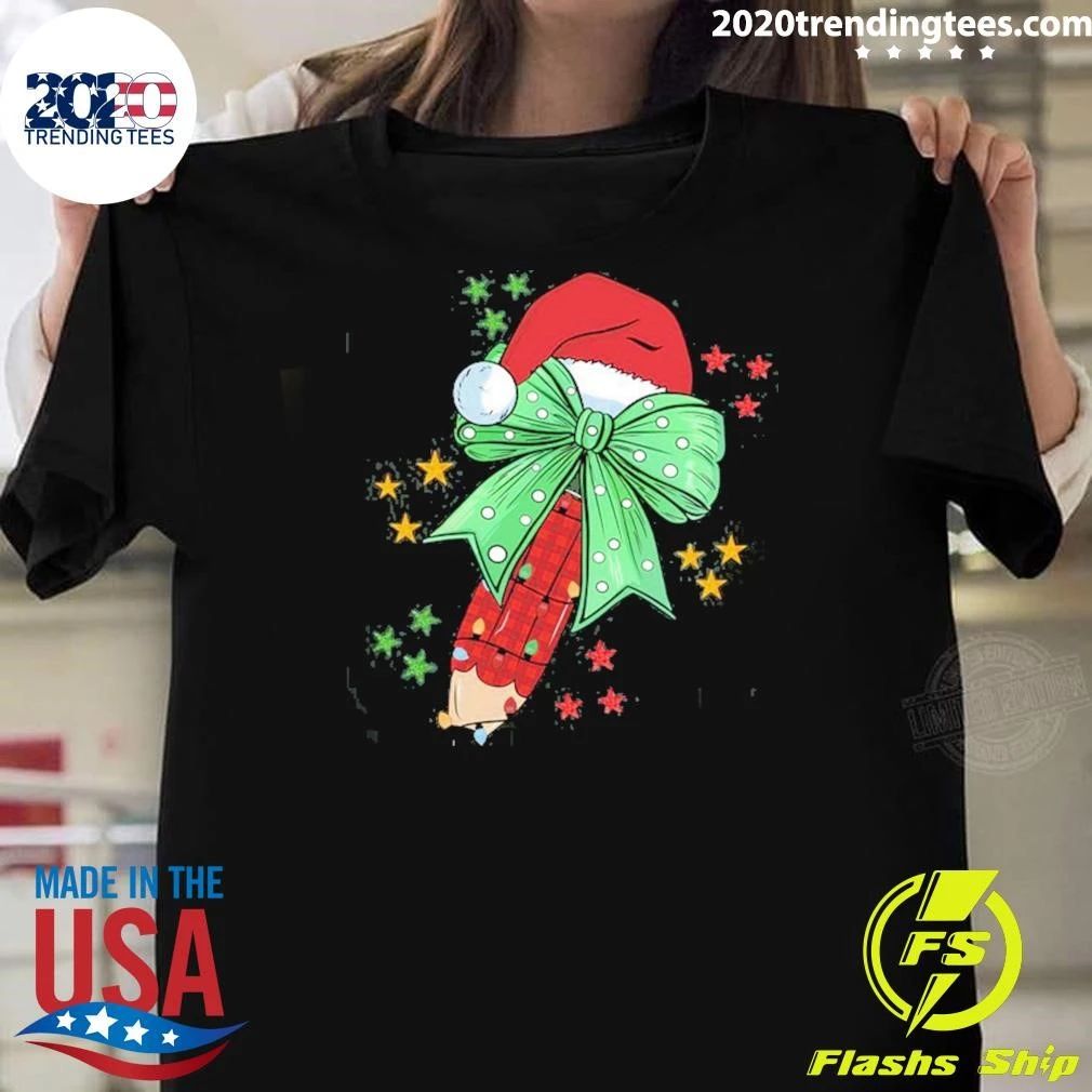 Teacher Pen Christmas Elf Candy Cane with Green Bow and Santa Hat Shirt