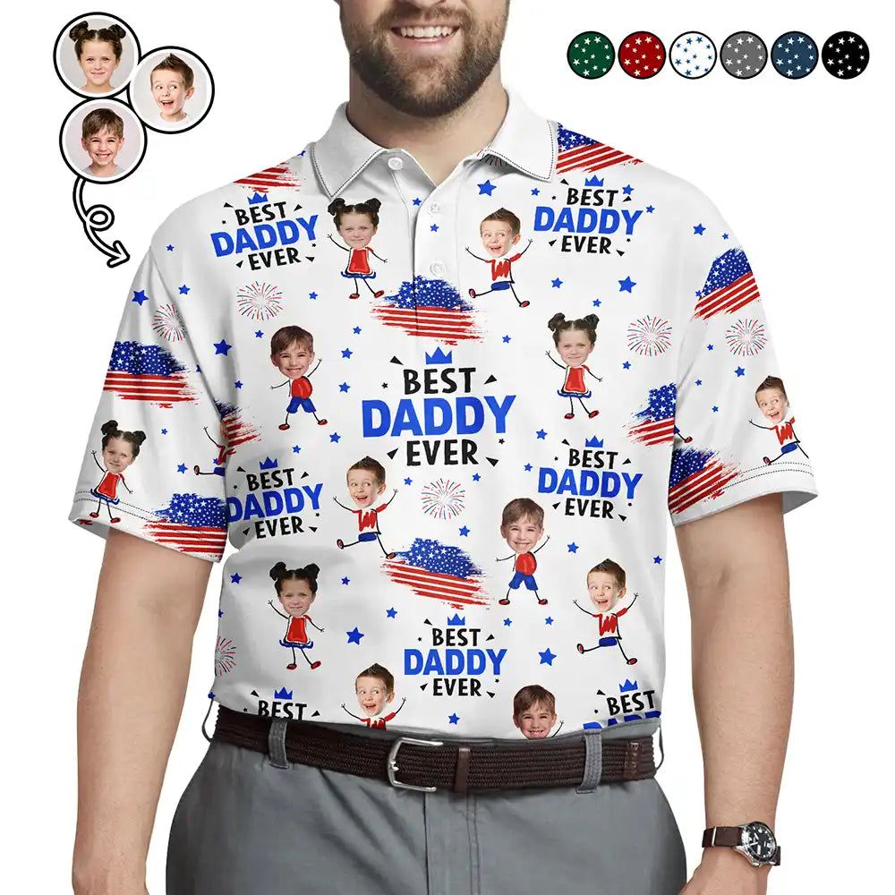Custom Photo Stars And Stripes Best Dad Grandpa Ever - Personalized Polo Shirt