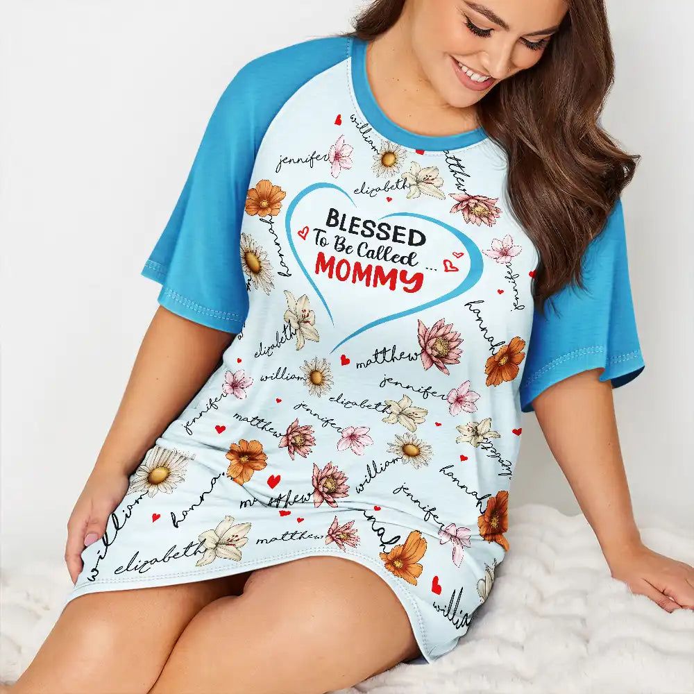 Blessed To Be Called Mom Grandma Nana Birth Month Flowers - Personalized Women's Sleep Tee