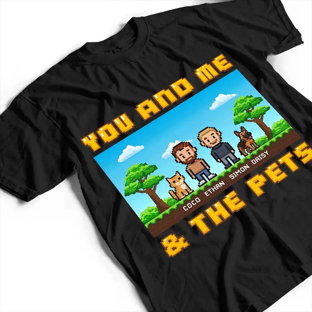 Custom Photo Pixel Art Standee You Me And The Dog Cat - Personalized T Shirt