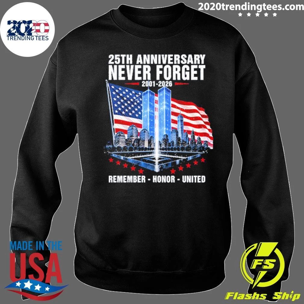 9-11 Memorial 25th Anniversary Never Forget 2001-2026 Twin Towers Tribute Lights American Flag Patriotic Tee Shirt