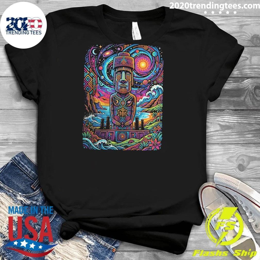 Psychedelic Moai Statue Easter Island Graphic Tee Shirt