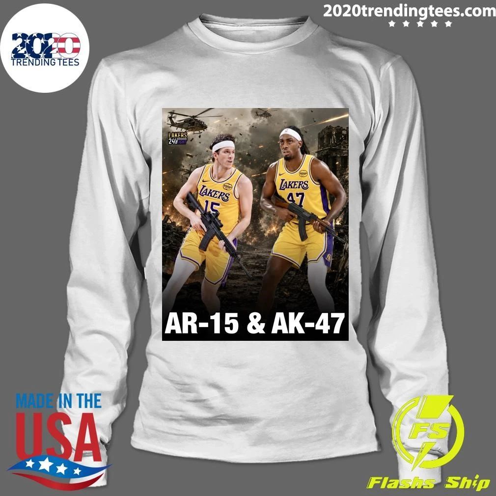Los Angeles Lakers AR-15 & AK-47 Inspired Basketball Poster Featuring Austin Reaves and Adou Thiero Shirt