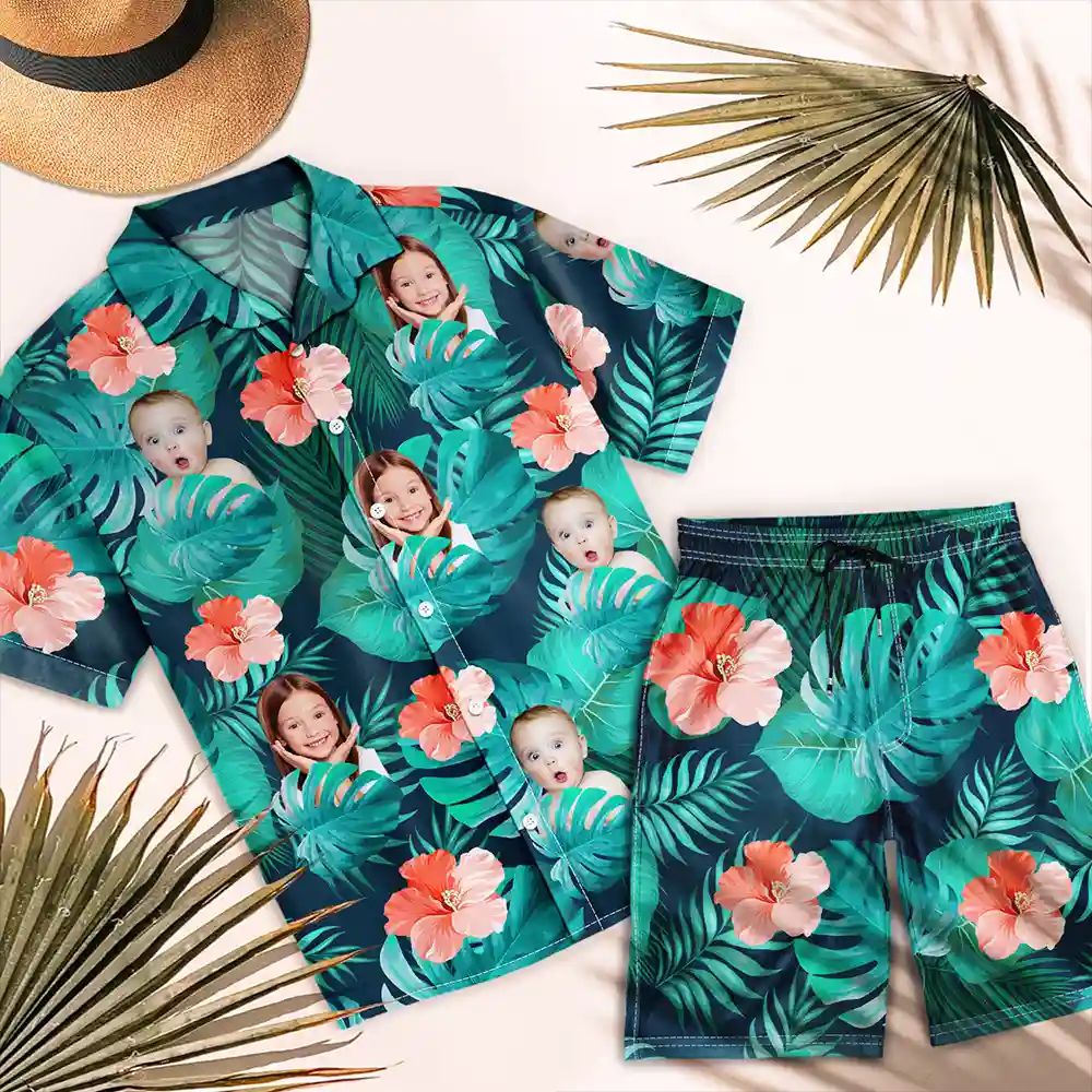 Custom Photo Tropical Leaves Pattern With Family Pet Face - Personalized Hawaii Set Shirt And Shorts
