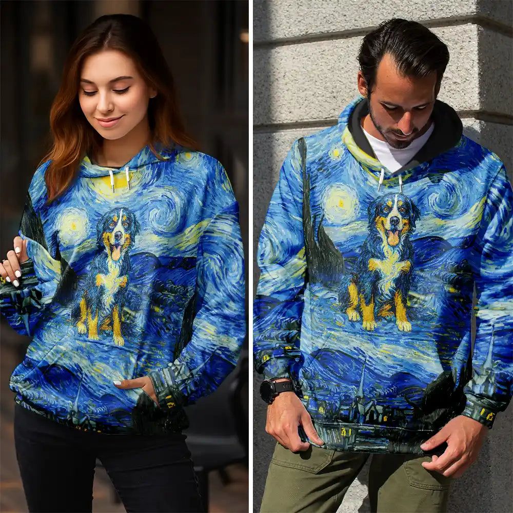 Custom Photo Family Pet Portrait Art Style Starry Night Painting Effect - Personalized Pullover Hoodie