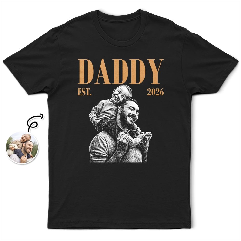 Custom Photo White Pencil Sketch Art Daddy Grandpa Est Year - Personalized T Shirt