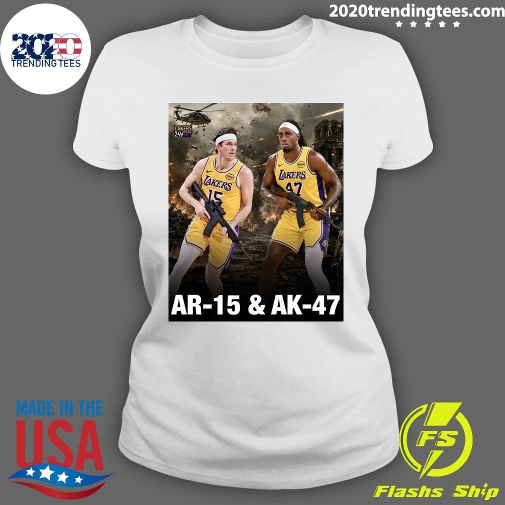 Los Angeles Lakers AR-15 & AK-47 Inspired Basketball Poster Featuring Austin Reaves and Adou Thiero Shirt
