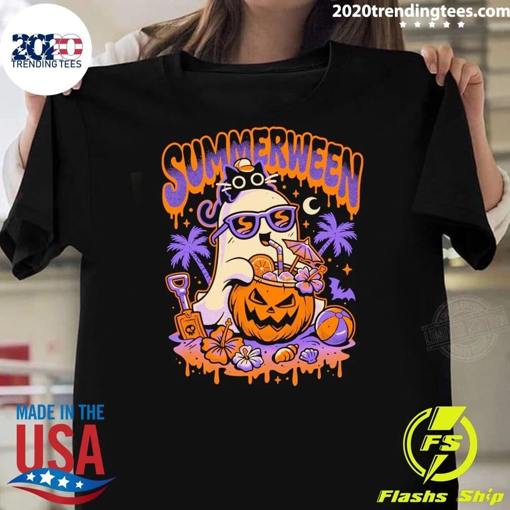 Spooky Summerween Ghost and Cat Beach Day Shirt