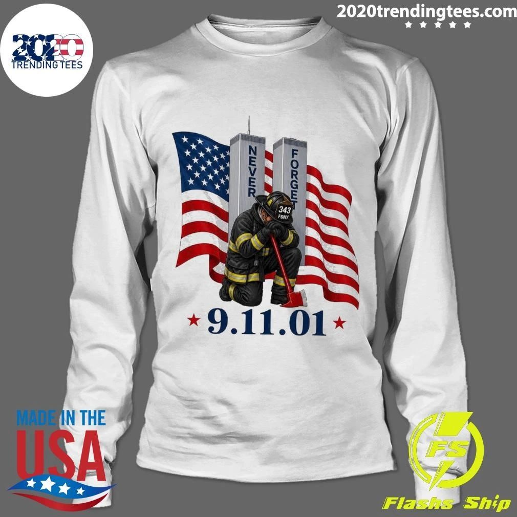 9-11 Never Forget Patriotic American Flag Firefighter Memorial Graphic Tee Shirt