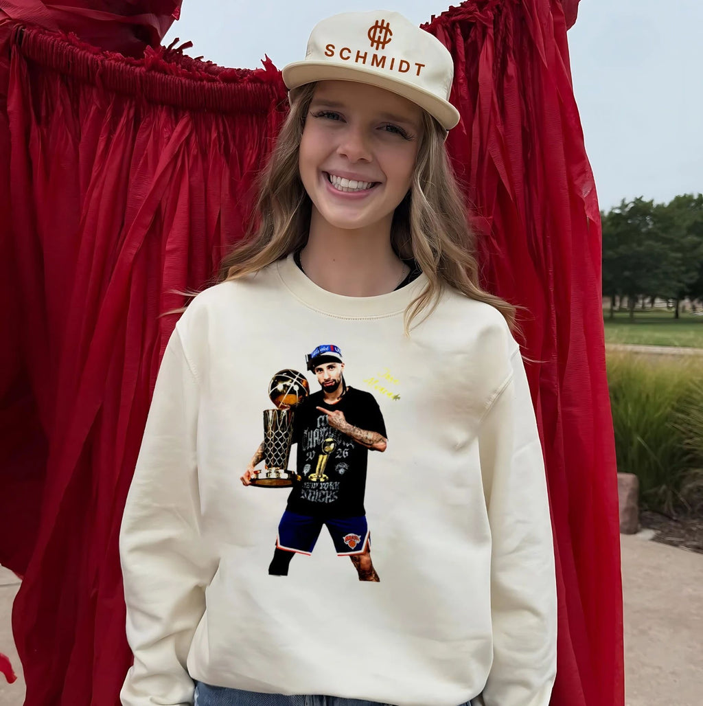 Jose alvarado 2026 New York Knicks champion holding trophy shirt