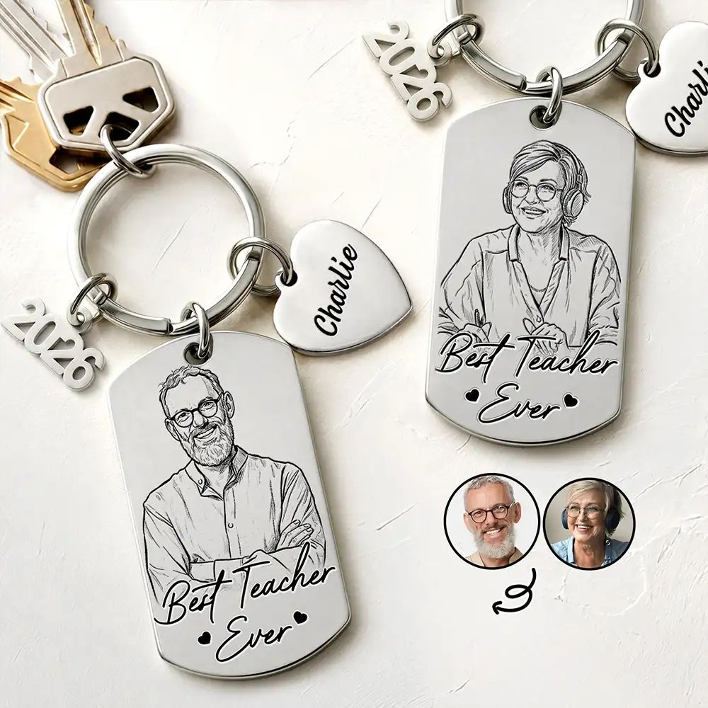 Custom Photo Bold Sketch Best Teacher Ever - Personalized Stainless Steel Keychain