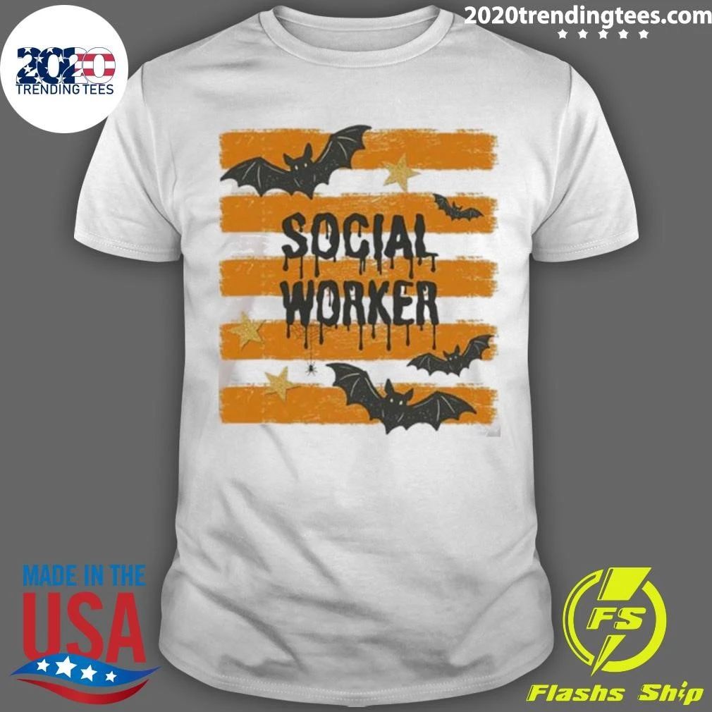 Social Worker Halloween Striped Retro Bat Spooky Shirt