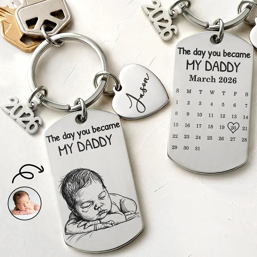 Custom Photo Bold Sketch The Day You Became My Dad - Personalized Stainless Steel Keychain