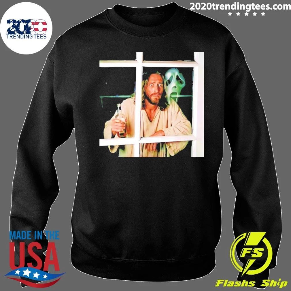 Jesus Drinking Whiskey With Ghostface Killer Funny Shirt