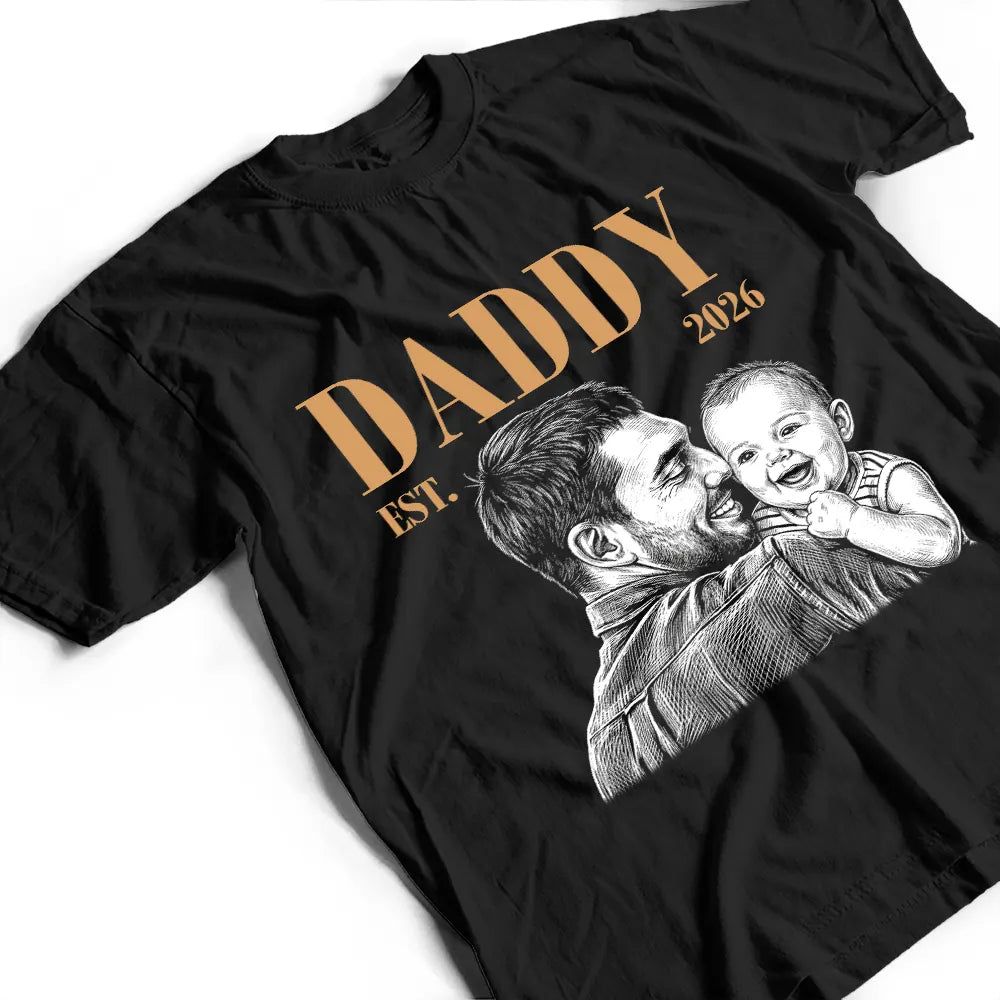 Custom Photo White Pencil Sketch Art Daddy Grandpa Est Year - Personalized T Shirt