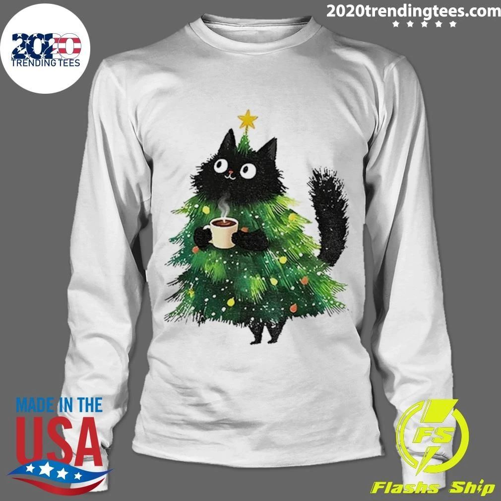 Black Cat Christmas Tree Holding Hot Coffee Shirt