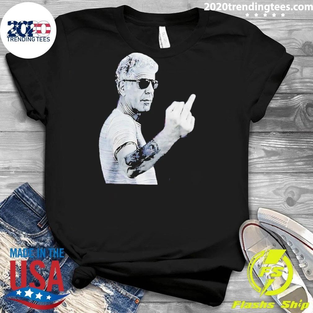 Anthony Bourdain Wearing Glass Middle Finger Shirt