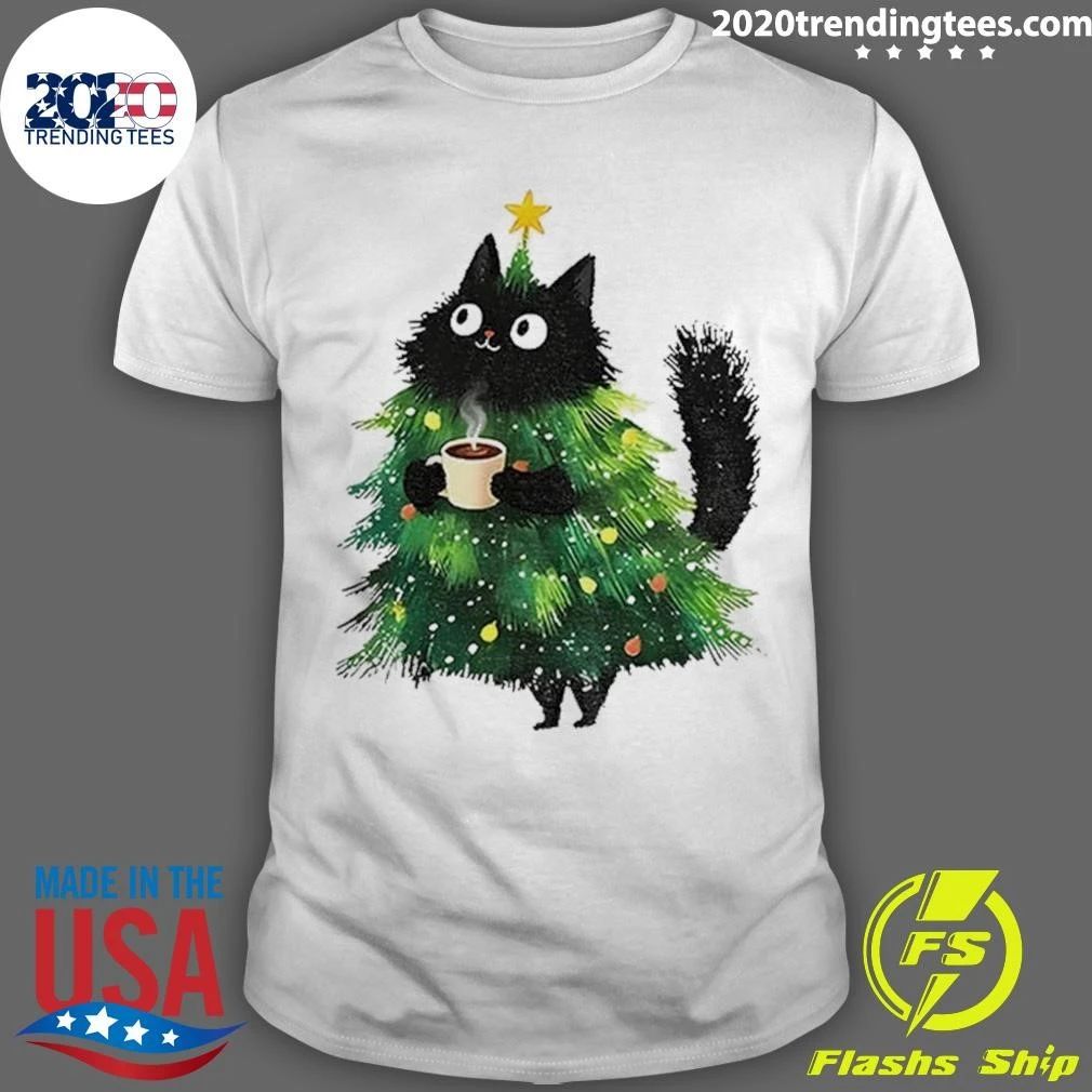 Black Cat Christmas Tree Holding Hot Coffee Shirt