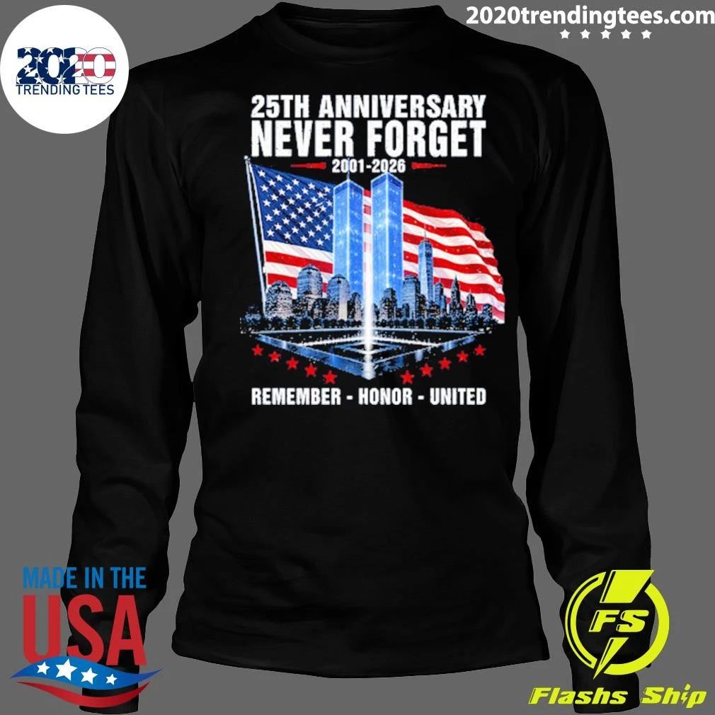 9-11 Memorial 25th Anniversary Never Forget 2001-2026 Twin Towers Tribute Lights American Flag Patriotic Tee Shirt