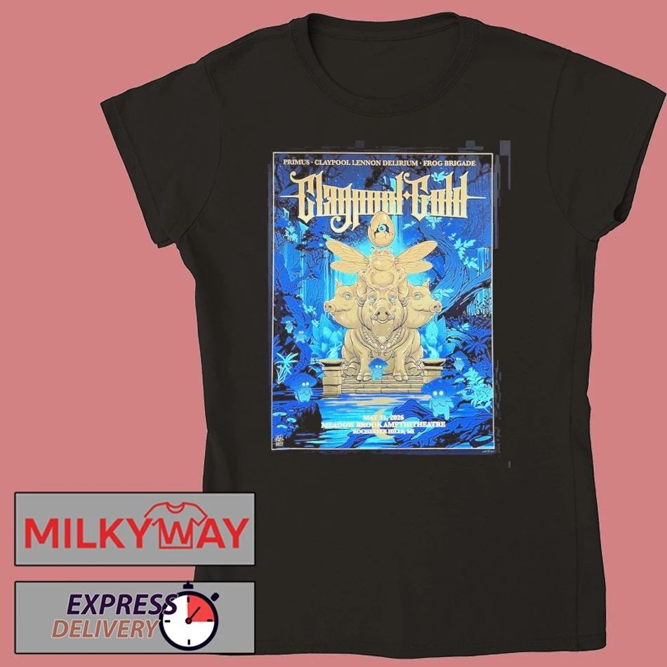 Claypool Gold Primus Claypool Lennon Delirium And Frog Brigade Rochester Hills Michigan 2026 Venue Poster At Meadow Brook Amphitheatre On May 31 2026 T-Shirt